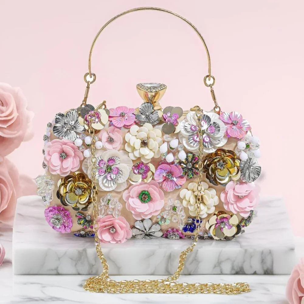 Beaded Floral Evening Clutch Satin Bag Guest Party Wedding Accessories